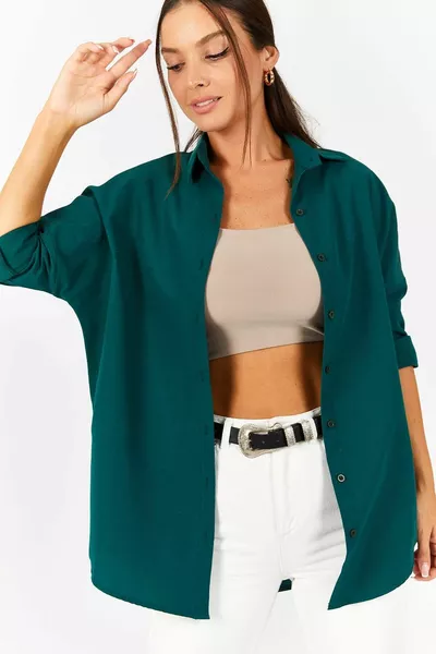 Camicia lunga basic oversize donna verde scuro 
