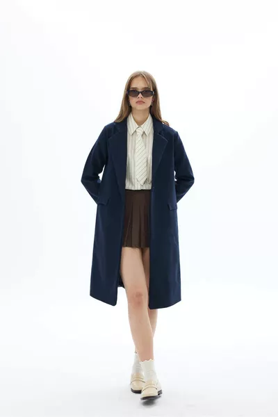 Dames Lange Marineblauwe Gevoerde Wolmix Jas / Collectie