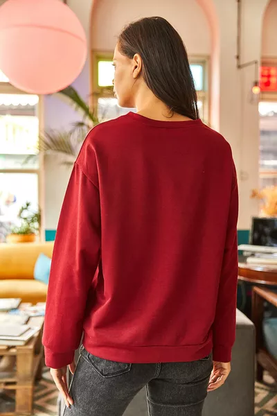 Kadın Düz Bordo Basic Yumuşak Dokulu Salaş Sweatshirt 