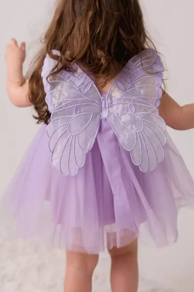 فستان صغير بفستان تول فوق الركبة بكرة عالية وأجنحة فراشة لفتيات الأطفال لحفلات أعياد الميلاد