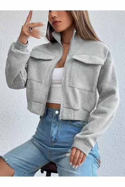 Kadın Dik Yaka Cepli Gri Crop Ceket - Sweatshirt Hırka