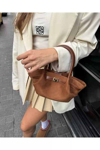 Borsa Mini in Nubuck con Dettaglio Cintura Marrone