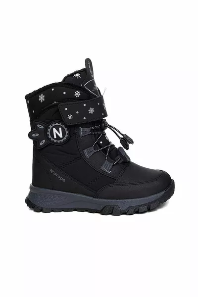 حذاء شتوي للفتيات مقاوم، ضد الماء، تقويمي، مزود بشريط لاصق، باللون الأسود والرمادي