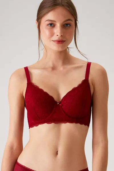 حمالة صدر نسائية بورغندي  برشلونة بدون دعامة، بحمالات سميكة، دانتيل ومشد