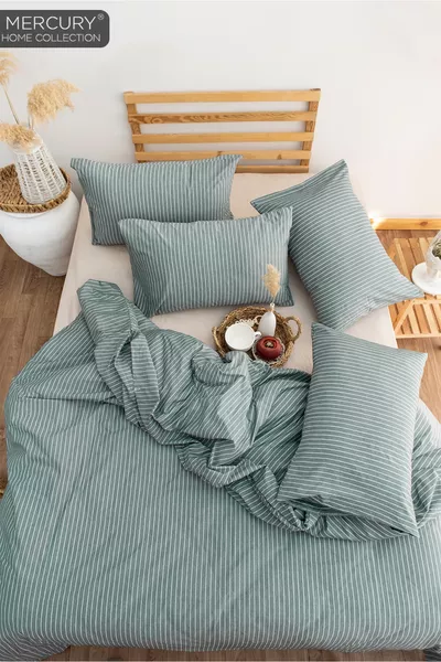 Line Double Green Duvet Cover Set | Cotton with Fitted Sheet