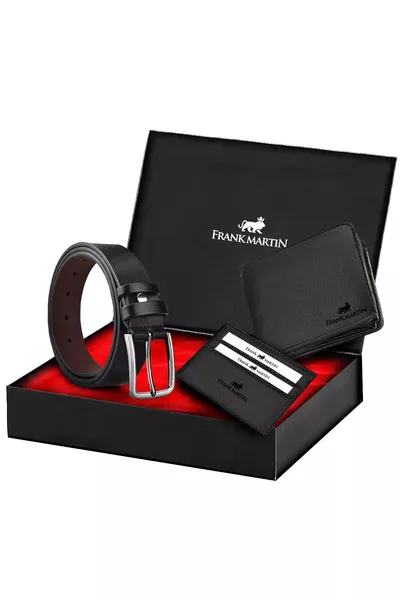 مجموعة محفظة سوداء وحزام وحامل بطاقات 