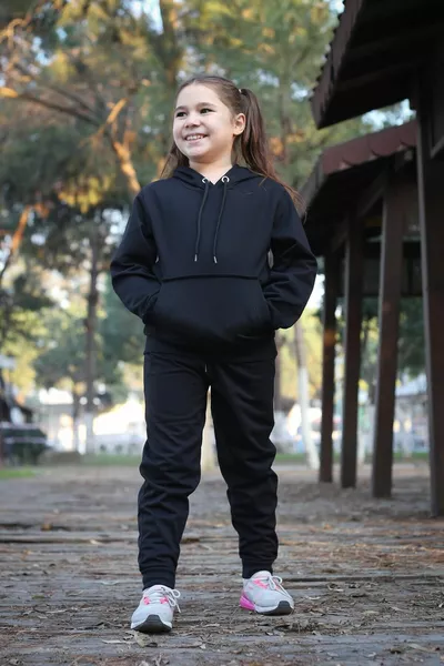 Hooded Kangaroo Pocket 2-Piece Plain Color Girls' Tracksuit