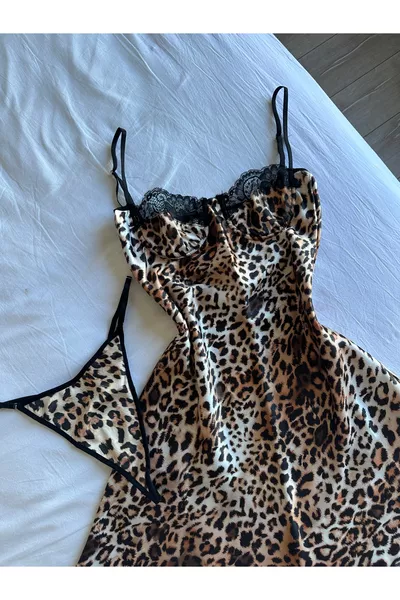 Leopard Print Thong Set with Boned Nightdress Women's Lingerie
