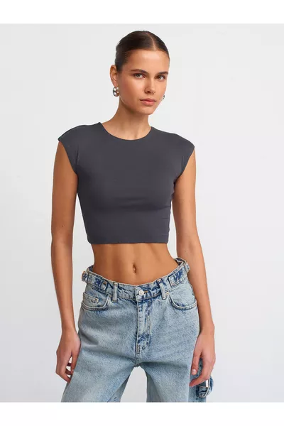  Cotton and Modal Blend Crop Top-Anthracite