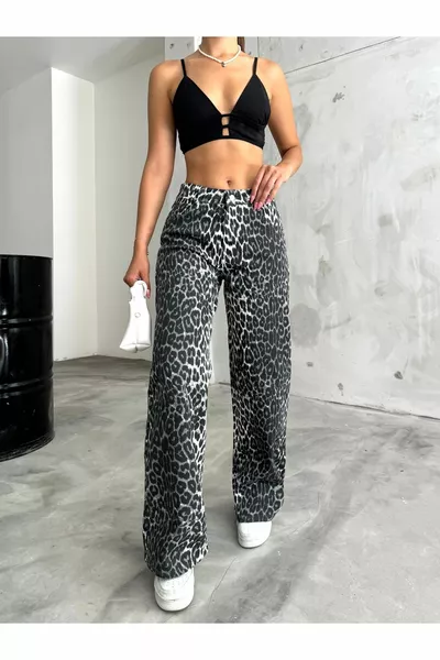 بنطال بالازو نسائي مطبوع بنقشة الفهد بخصر مرتفع وقصة أرجل واسعة مع ليكرا