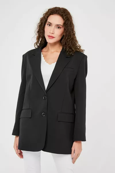 Black Women's Buttoned Oversized Blazer Jacket
