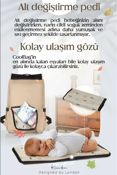 Coolbag Mom and Baby Backpack with Easy Access and Thermal Pocket, Changing Mat Included - Bone Latte