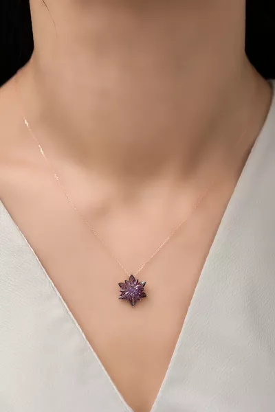  Sterling Silver 4-Layer Purple Lotus Flower Necklace