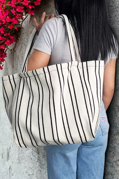 Woys Siyah Çizgili Desen Dokuma Plaj Çantası