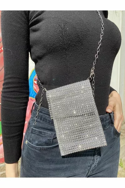 الفضة الحجر نظرة بريق قابل للتعديل سلسلة حقيبة الهاتف