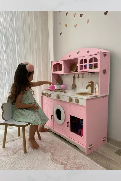 Боядисан дървен комплект за игра за кухня с 1 LED осветление като подарък