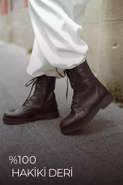 حذاء نسائي من الجلد الطبيعي مع رباط وسحاب باللون البني