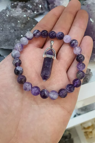 سوار حجر الجمشت الطبيعي 8 ملم جودة عالية (مع قلادة هدية) (طاقة الحياة)