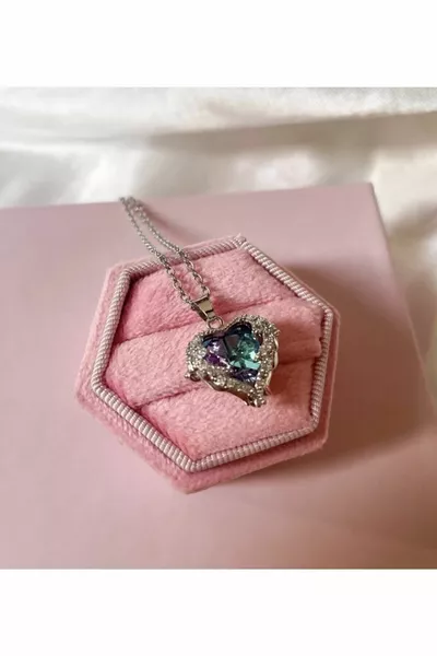 Blue Purple Heart Necklace Silver Color