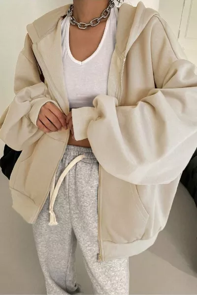 Cardigan Donna 3 Fili Beige con Cappuccio e Zip