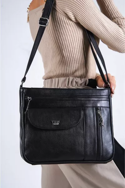 Borsa da donna nera a tracolla con molte tasche laterali