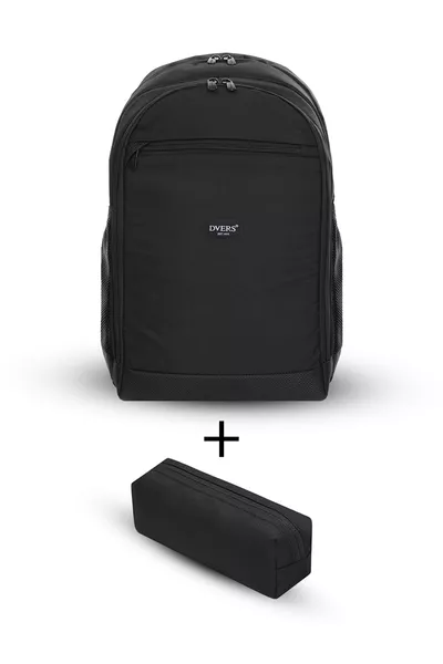 Zaino nero impermeabile unisex con astuccio e 3 scomparti per uso quotidiano, viaggio e scuola