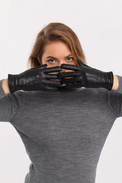 Women's Black Genuine Leather Gloves