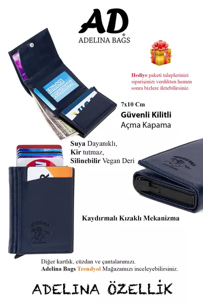 Adelina Unisex Donkerblauw Leren Automatisch Mechanisme Ritsportemonnee met Kaartvak