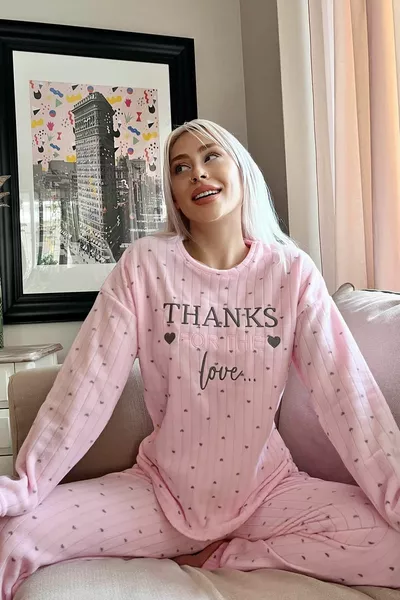 Powder Pink Thanks Patterned Plush Fleece Pajama Set