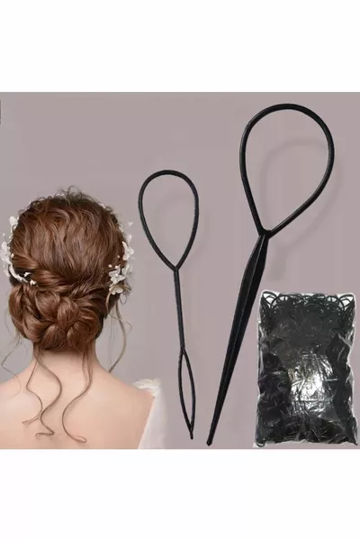 Set Donna Parrucca Nera  Capelli Permanente + Strumento per Intrecciare i Capelli