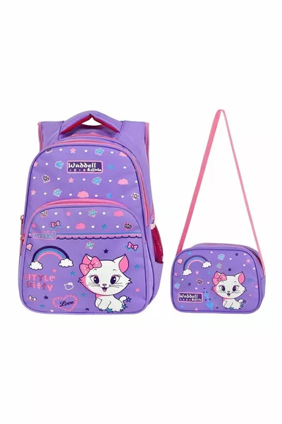 Sac à dos et sac à déjeuner pour l'école primaire Waddell avec motif de chat mignon violet sous licence