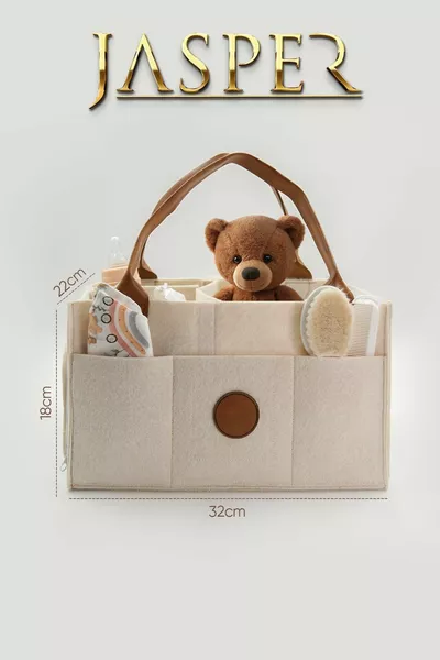 حقيبة عناية للأم والطفل بلون البيج مصنوعة من اللباد مع غطاء ومقابض من الجلد البني