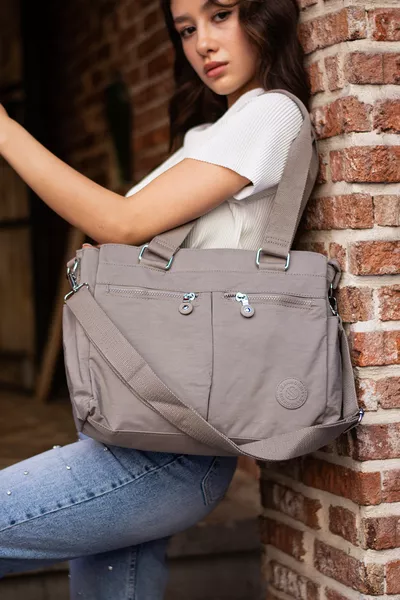 Women's Large Size Mink Colored Compartmentalized Water-Resistant Crinkle Fabric Crossbody and Shoulder Bag