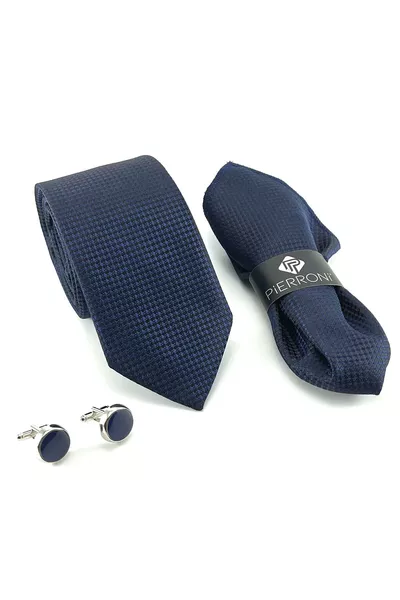 Navy Patterned Tie, Pocket Square, and Cufflink Set