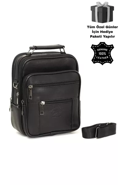 Men's Handbag Genuine Lambskin Steel-Box Crossbody Shoulder Bag Black Color (Daily)