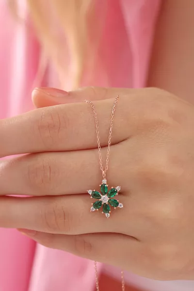 Adjustable Silver Chain Green Emerald Stone Rose-Plated Camellia Lotus Flower Necklace