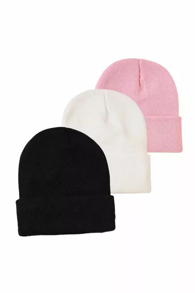 Unisex Foldable Black, Pink, White 3-Piece Beanie Set