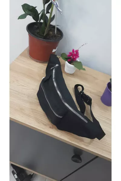 Unisex Schwarze Schulter- und Bauchtasche mit zwei Fächern