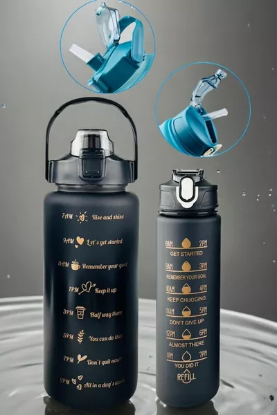 قارورة ماء تحفيزية مزدوجة مع مصاصة وملصق، سعة 2 لتر + مل، زجاجة ماء Tritan للأطفال لصالة الألعاب الرياضية