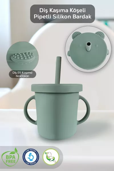 Gobelet d'apprentissage pour bébé avec couvercle étanche et paille en silicone, gobelet d'alimentation en silicone pour bébé - vert