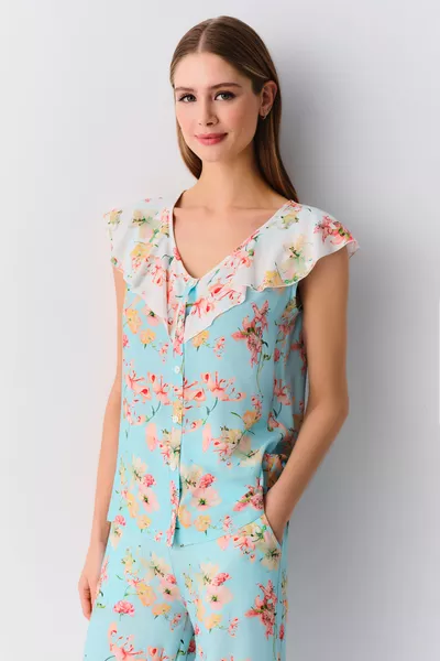 Flowers Strap Shirt Collar Pajama Set