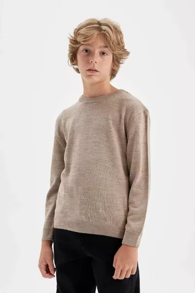 Boys Beige Crew Neck Basic Plain Knit Sweater wn