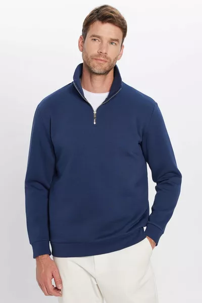 Unisex Relaxed Fit Comfortable Cotton Sweatshirt with Fleece Lining, Half-Zip, Navy, Stand Collar