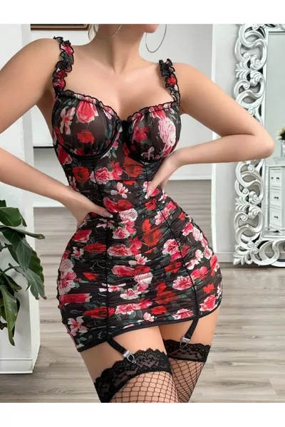 Vintage Rose Pattern Mini Nightgown Set (NIGHTGOWN*SLIP*GARTER FISHNET STOCKINGS)