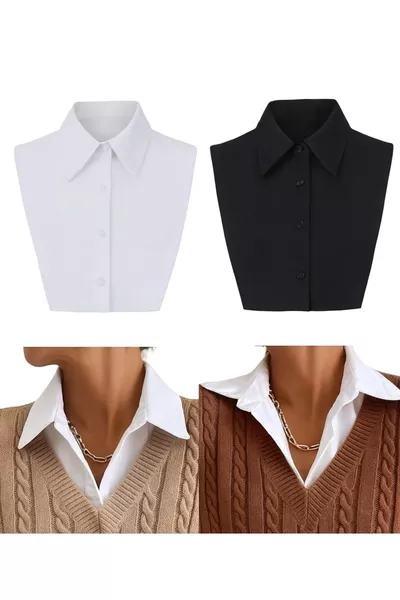 طقم مكون من قطعتين ياقة قميص مزيفة باللون الأسود والأبيض لتغطية فتحة الصدر داخل الكنزة