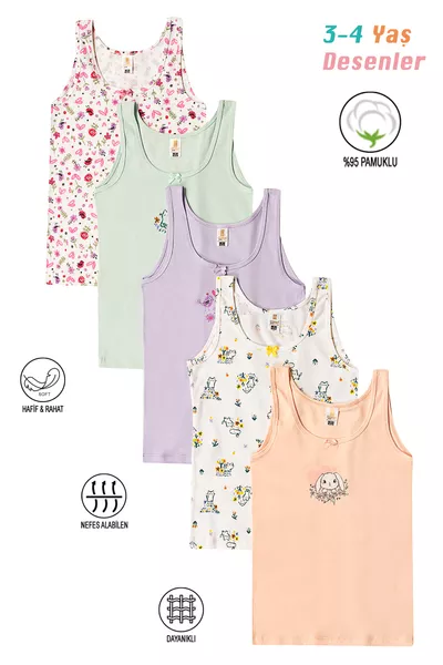 Özkan  5-Pack Girls' Cotton Soft Comfortable Thick Strap Tank Top, Mixed Colors and Patterns