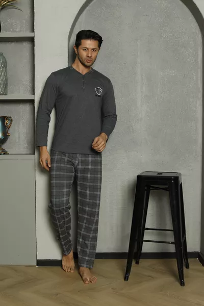 طقم بيجامة رجالي قطني بأكمام طويلة ونقشة مربعات وتدخين