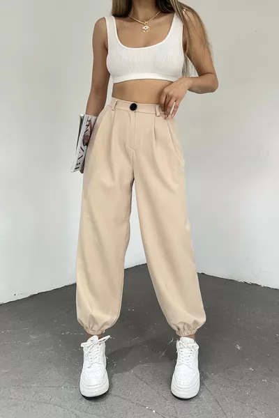 بنطلون نسائي بخصر عالٍ وبنهاية مطاطية