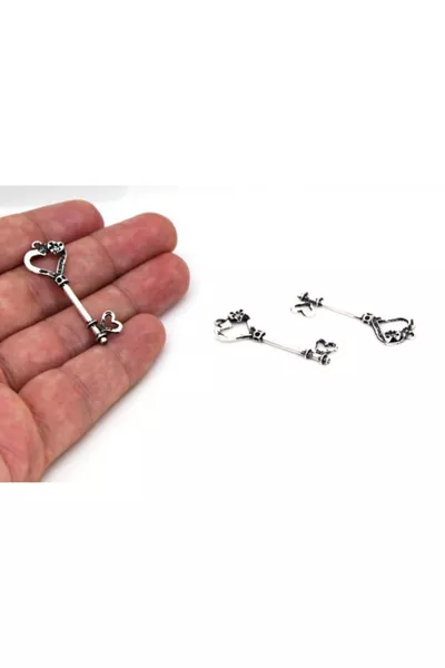 3 броя -  мм сърце с ключов мотив, метален край, материал за бижута, боядисано сребърно покритие, колие, 