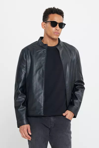 Heren Zwarte Leren Jas Met Rits, Standaard Pasvorm, Normale Snit, Rechte Kraag